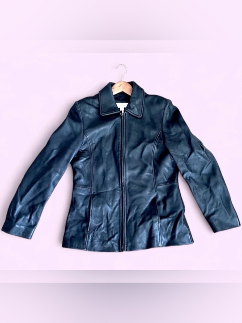 Liz Claiborne Vintage Black Leather Jacket Small Fitted Zip Front Classic 90s